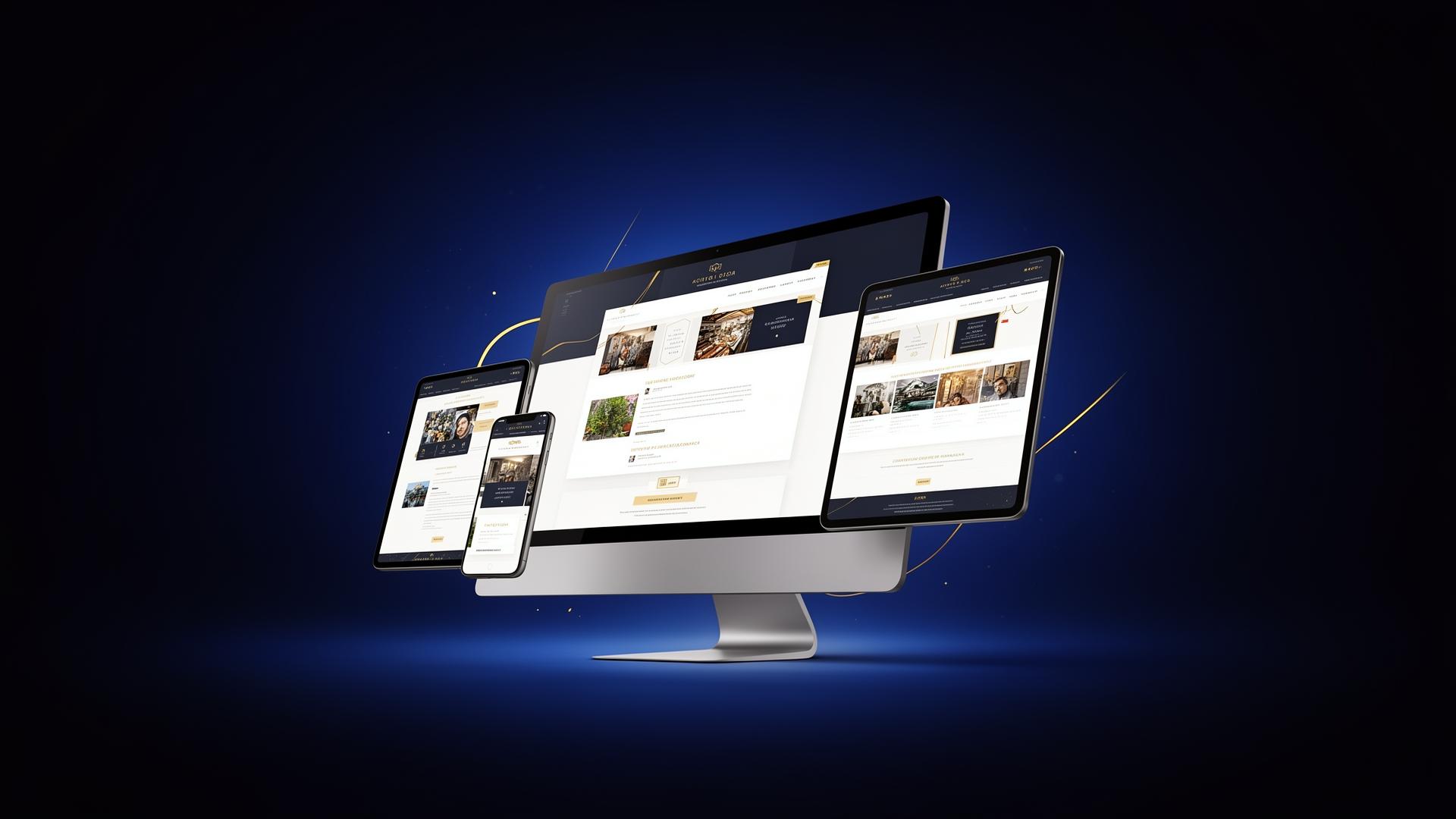 Premium website design mockups on desktop, tablet, and mobile